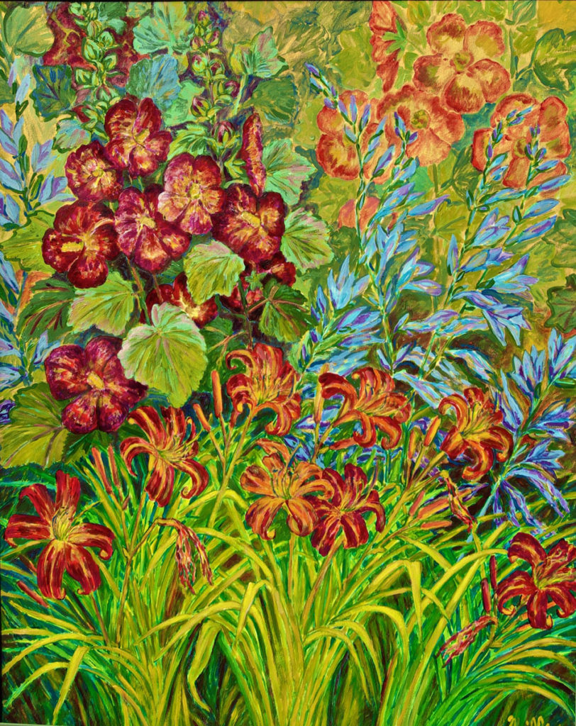 Hollyhocks, Day Lilies, acrylic painting