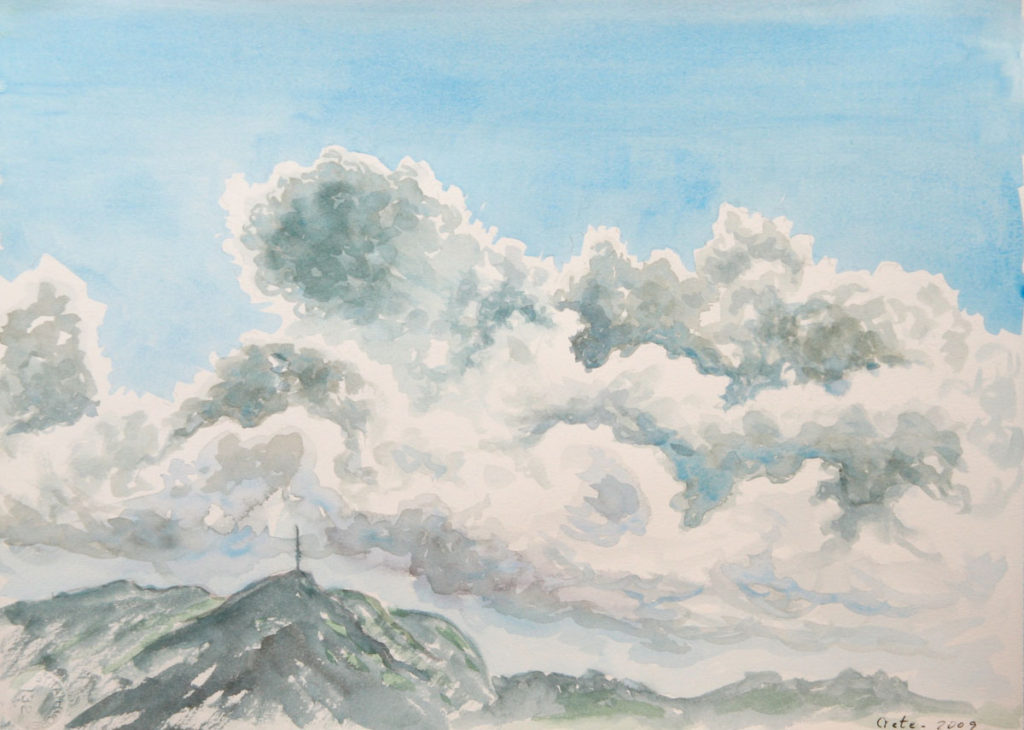 watercolor: Rhythemno, Crete, Volcanic Mountains, Clouds