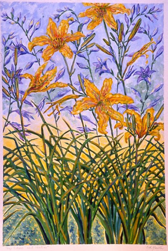 10 Day Lilies, Blue Hosta: acrylic painting