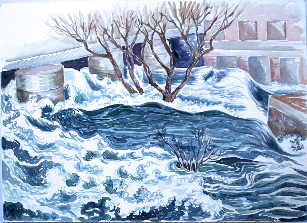 watercolor: Lower Dam Flood Neponset River MA