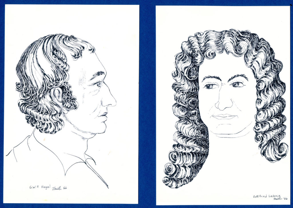 portrait illustrations of GWF Hegel, Gottfried Leibniz