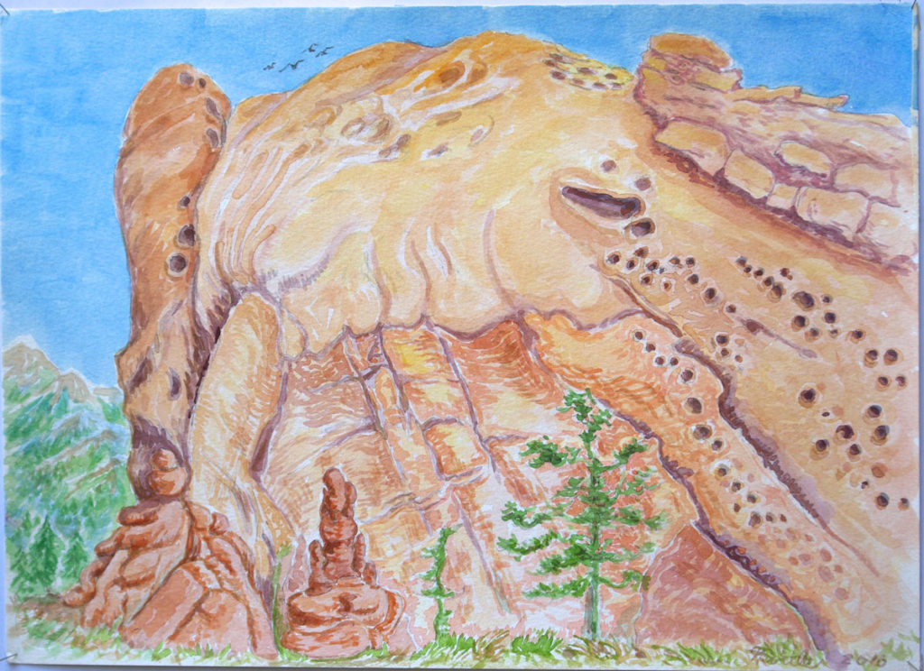 watercolor: Massive Rock, Garden of the Gods Colorado Springs CO