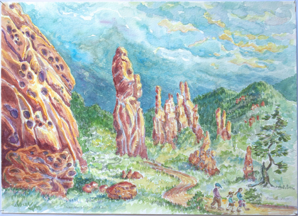 watercolor: Erect Monoliths, Garden of the Gods, and Hikers Colorado Springs CO