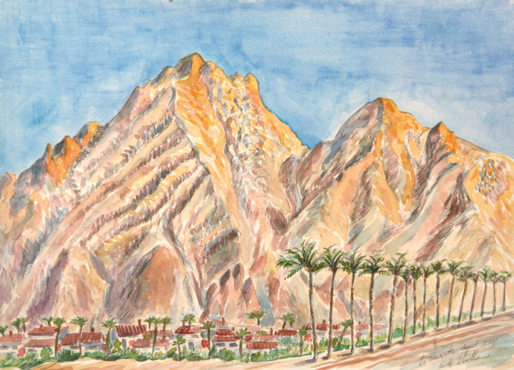 watercolor: Desert Palms Coachella Mountains Palm Springs CA