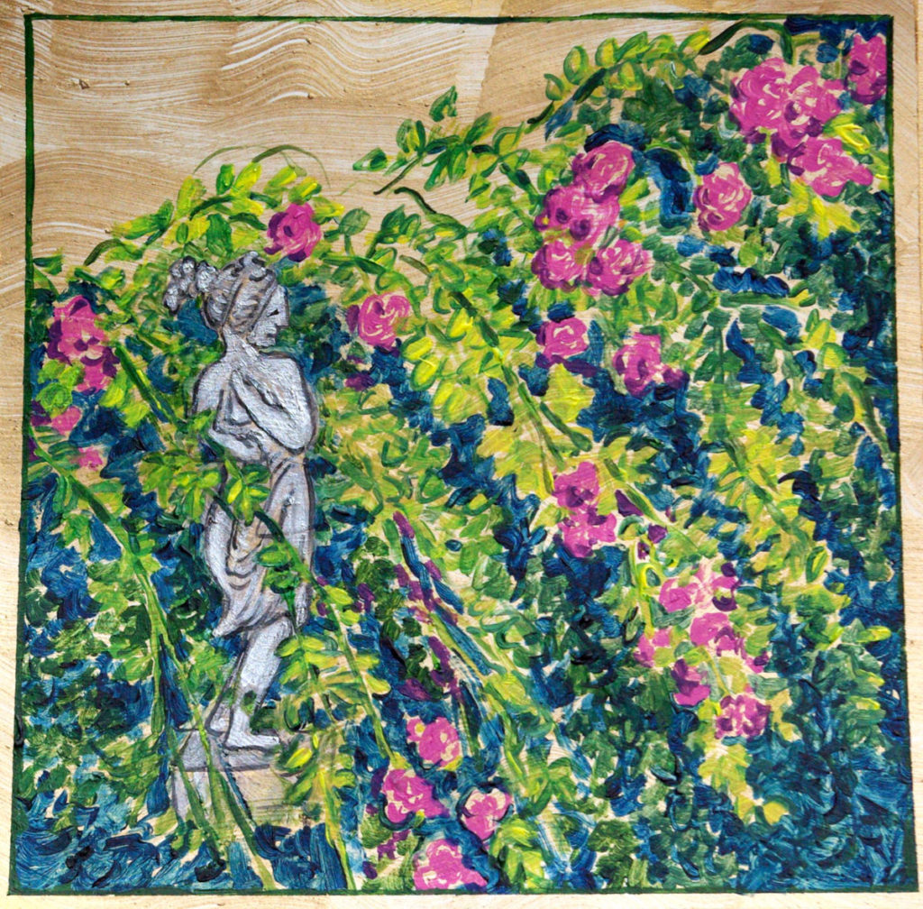 Aphrodite Statue and Rose Trellis: acrylic painting