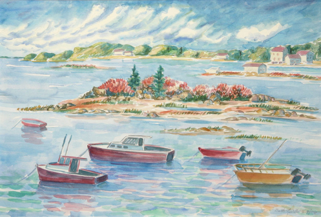 watercolor: Outboards in Harbor, Maine