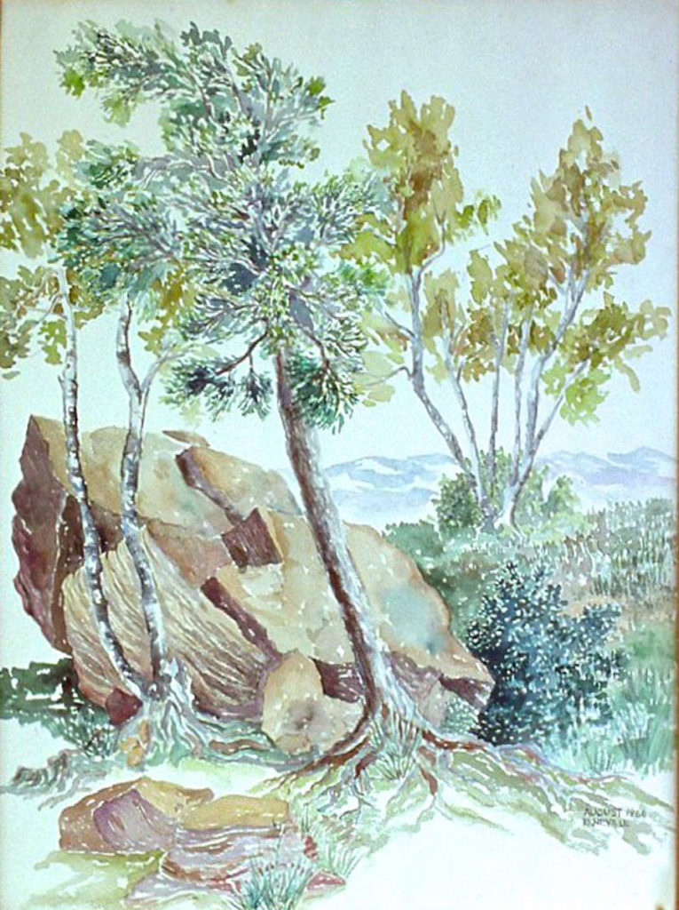 watercolor painting: Rock, Birch Tree, North Lake