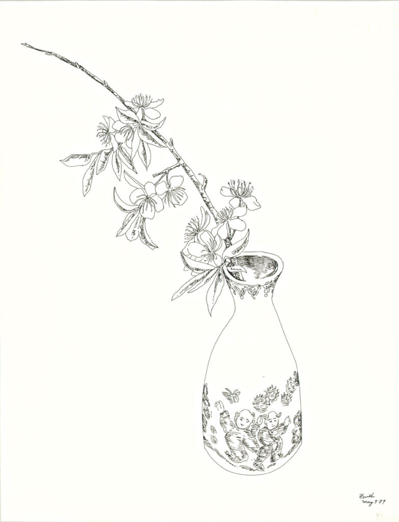 pen drawing: Apple Blossoms in Asian Vase