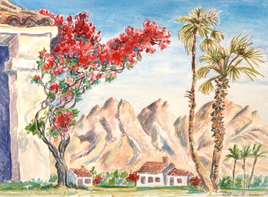 watercolor: 41 Tree, Mountains, Desert Palm, La Quinta, CA