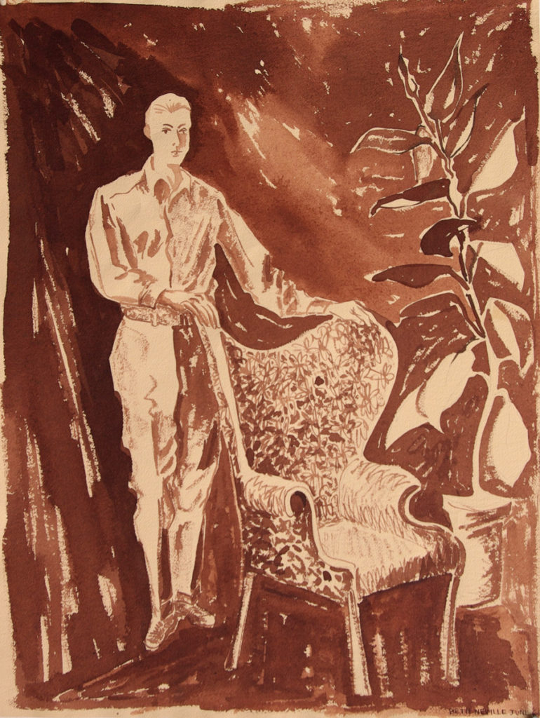 Sepia ink painting: Robert Standing by the Empty Bat-wing Chair