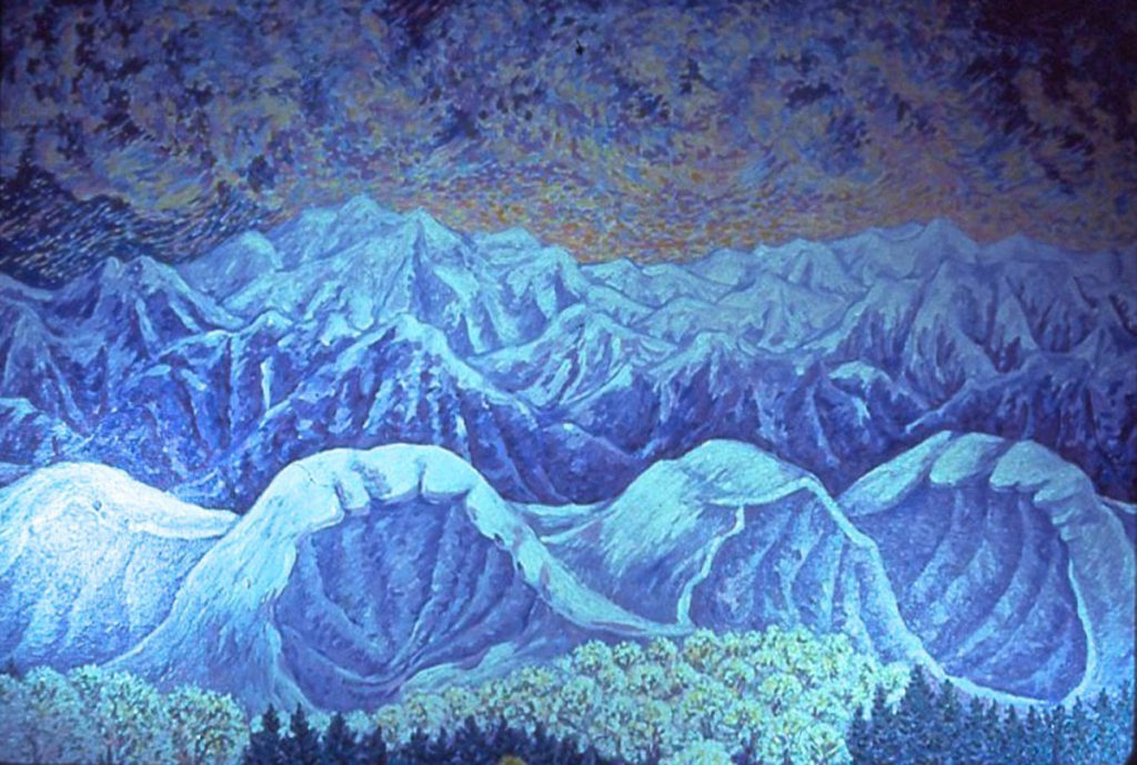 acrylic painting: Snow Caves Eating Apple Farm (detail)
