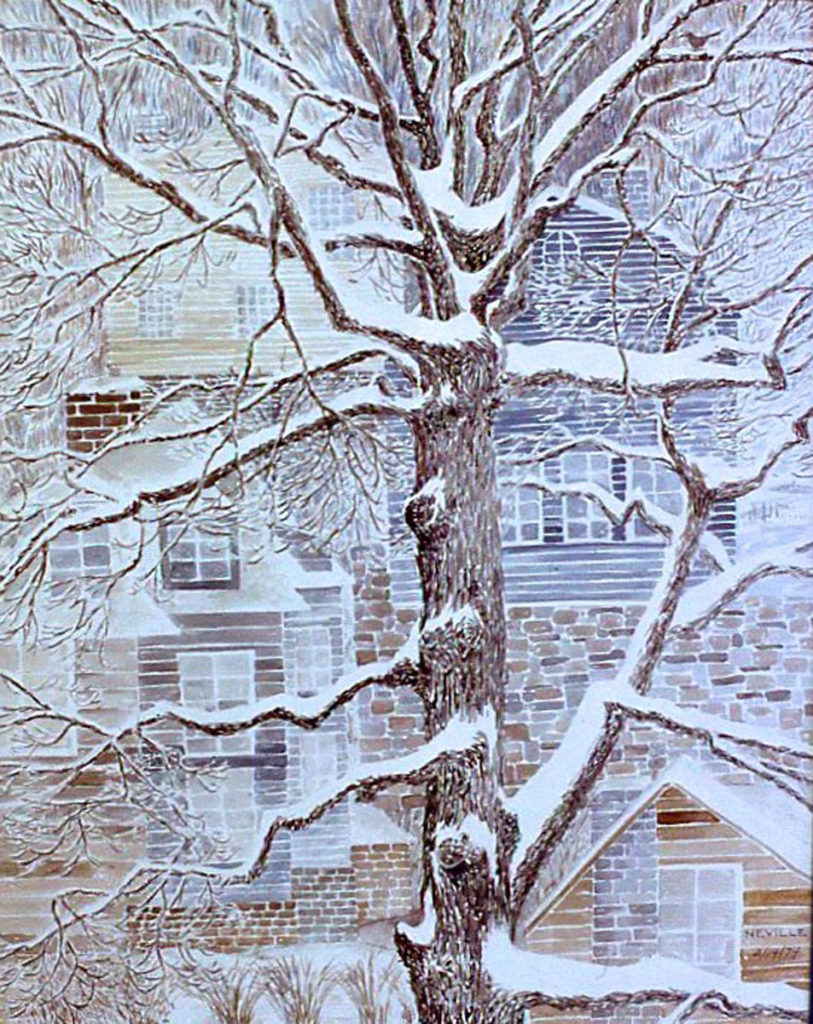 watercolor: Oak Tree in Snow, Lewis Pkwy Yonkers NY