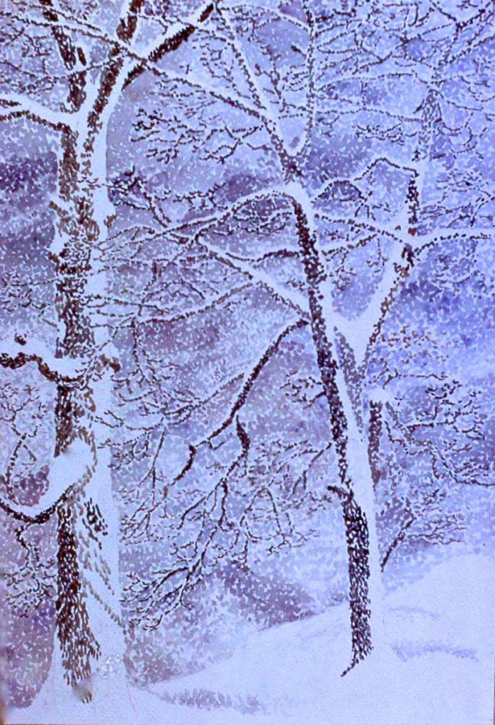 watercolor: Falling Snow, Two Oak Trees Yonkers NY