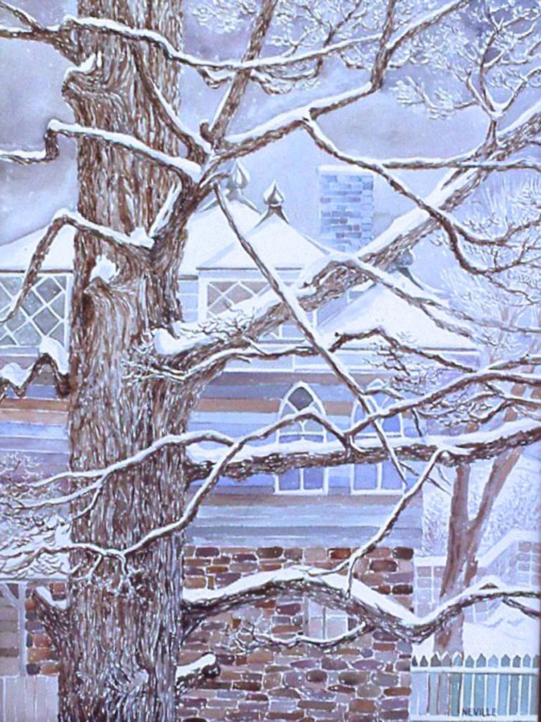 watercolor: Snow on Tree, Lewis Parkway, Yonkers NY