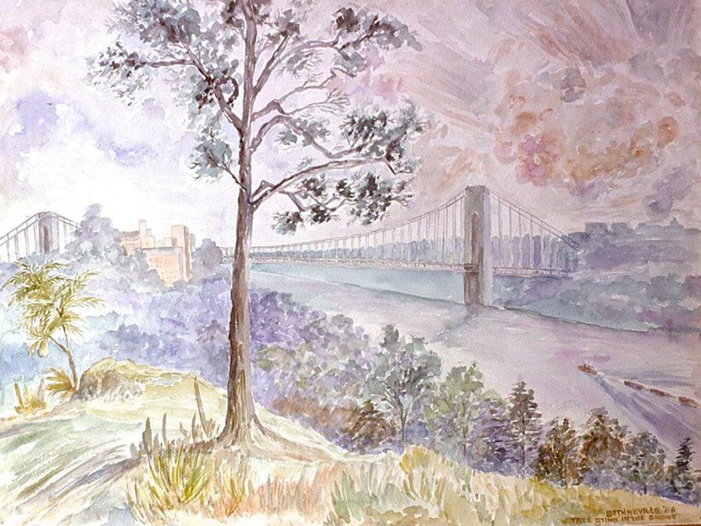watercolor: Dying Tree, George Washington Bridge, Hudson River Bronx NY