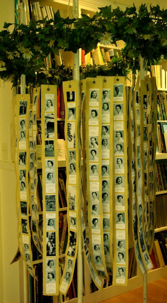 Testing. Armature suspended on poles, with 600 classmates photos in place, alphabetically.