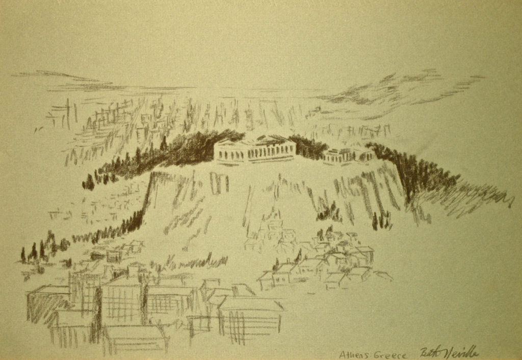 charcoal drawing: Acropolis, from Mt. Lycabettus