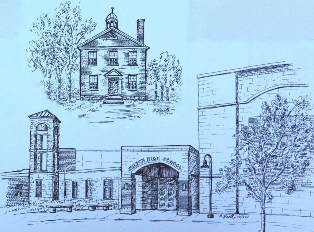 drawing: Old Milton Academy, and Milton High School