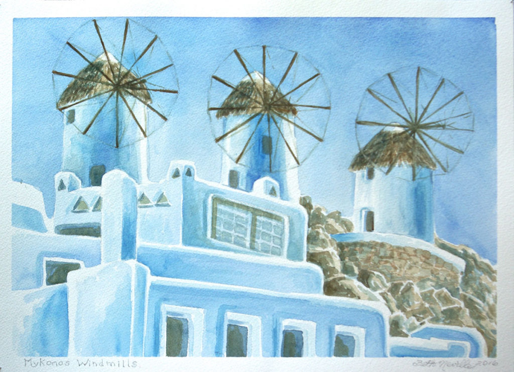 watercolor: Windmills, Mykonos, Greece