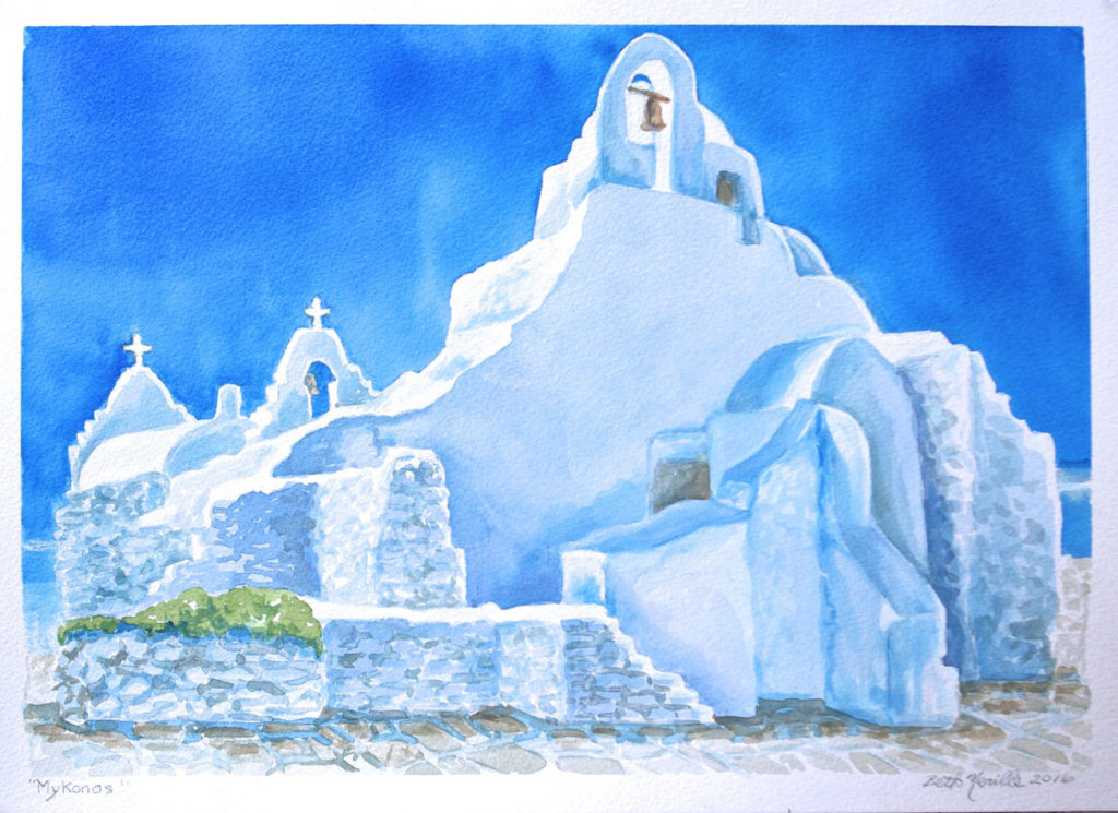 watercolor: Orthodox Church, Mykonos, Greece