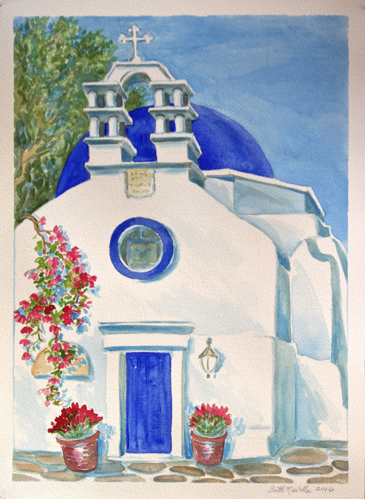 watercolor: Orthodox Church, Bouganvillea, Mykonos, Greece
