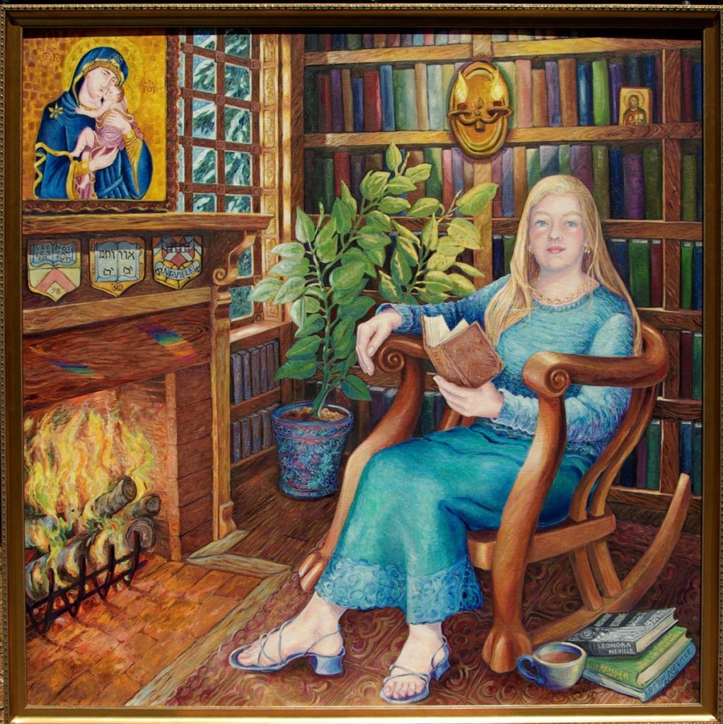 oil painting of Leonora Neville reading by the fireplace