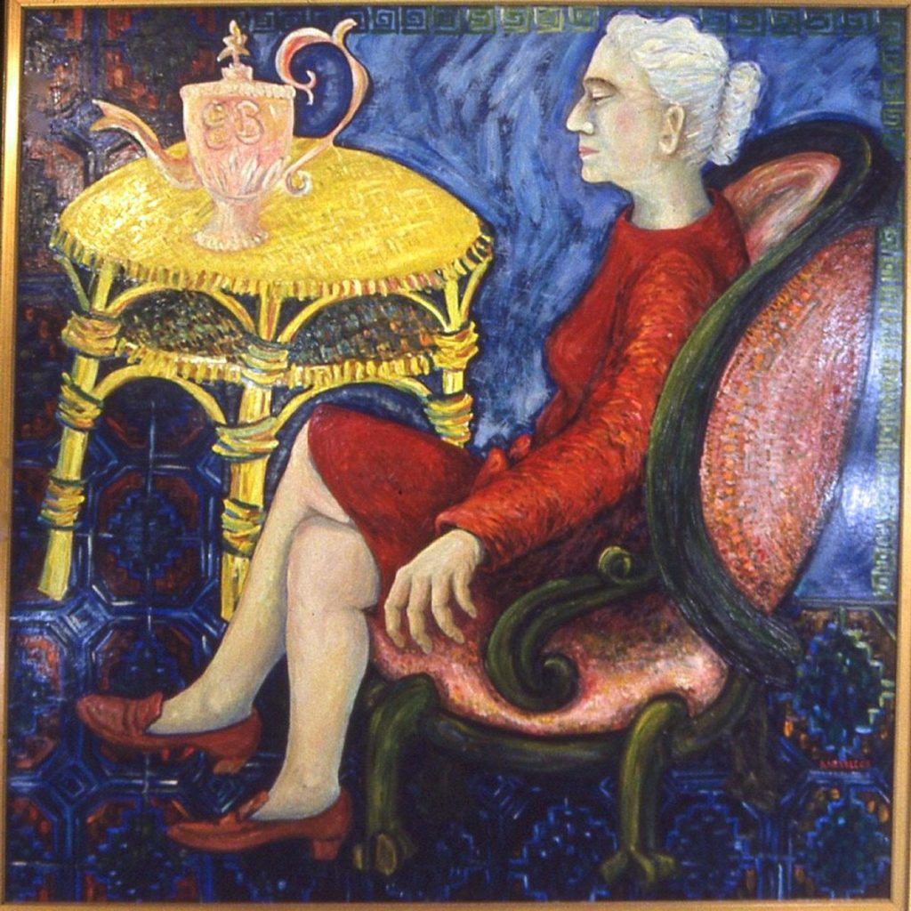 oil painting of Dr. Elah Bliss with a Tea Urn