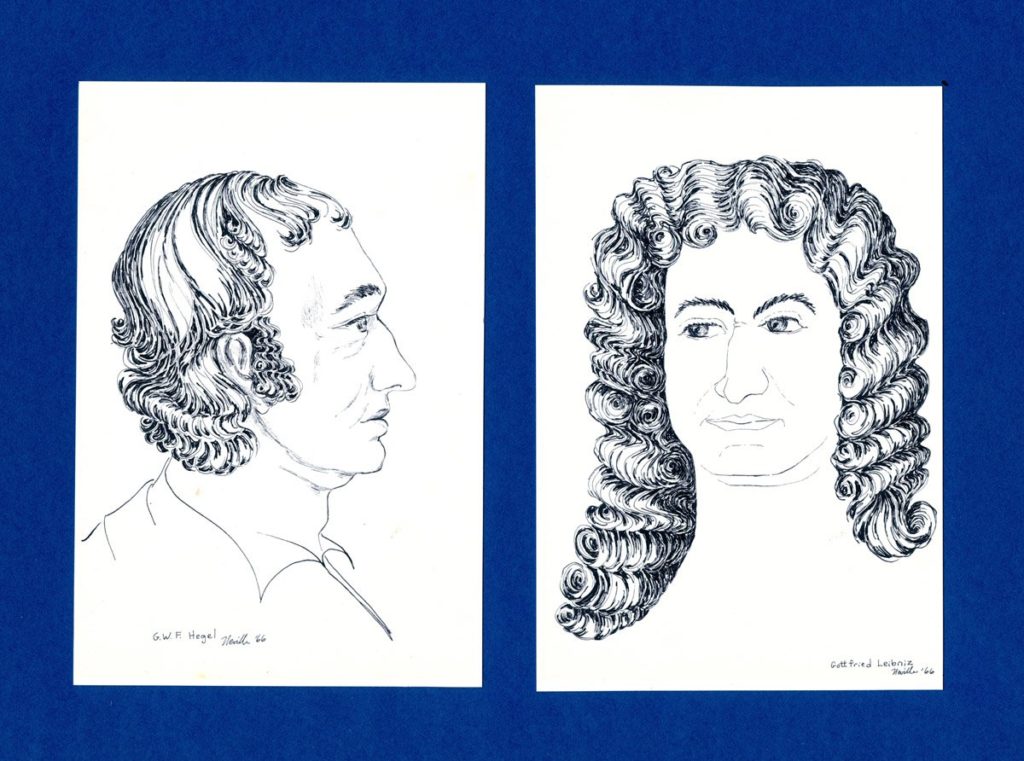 pen on paper portraits of G.W.F. Hegel and Gottfried Leibnitz