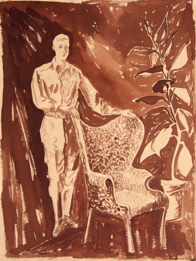 sepia portrait of Robert Neville with batwing chair