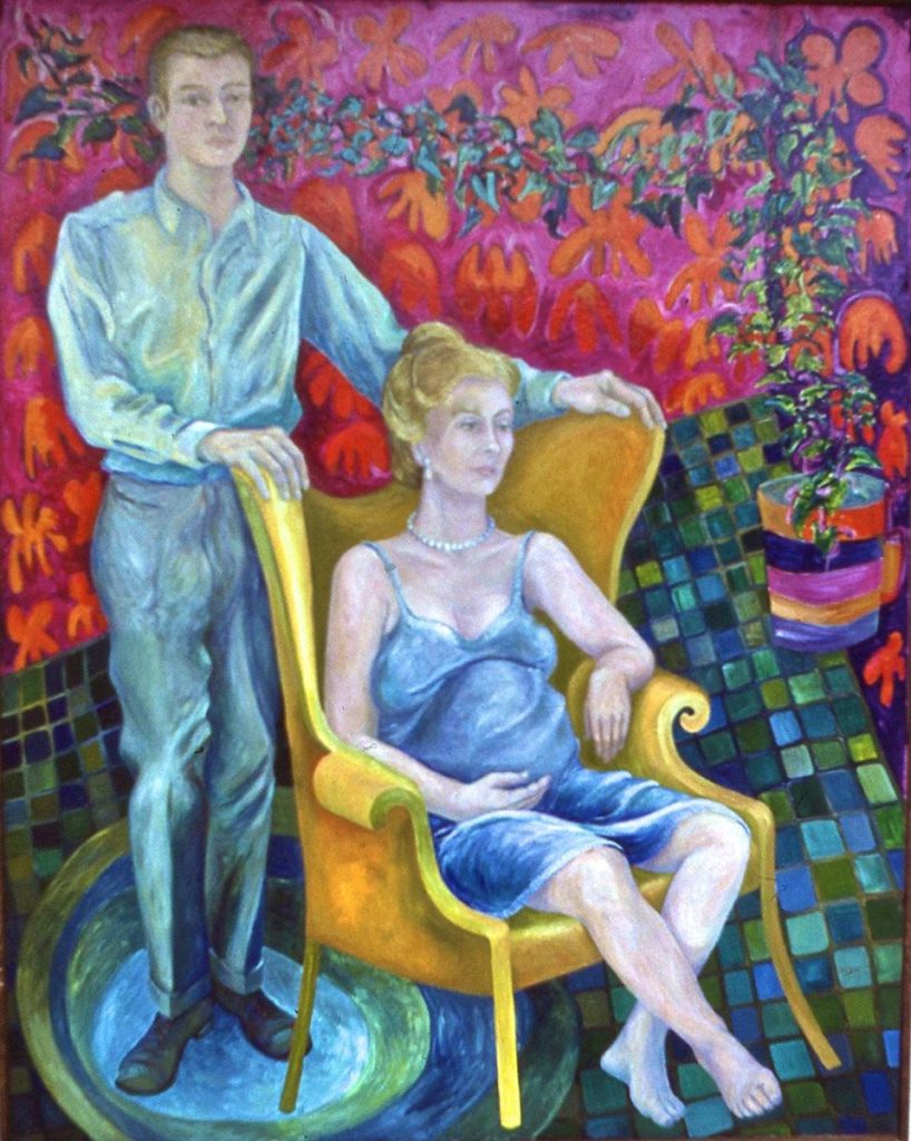 oil painting of Beth and Robert Neville, with Beth in the batwing chair